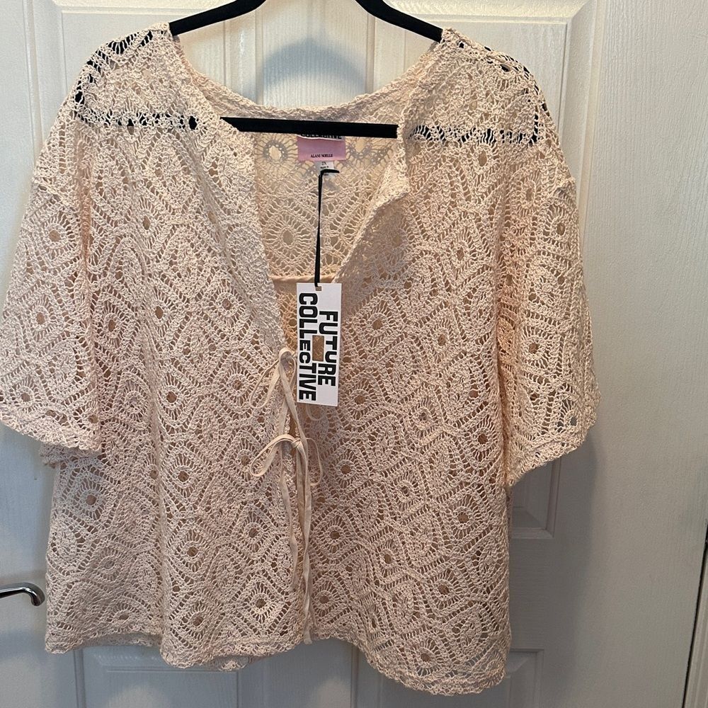 Future Collective Beige Crochet Tie Front Top Boxy Oversized NWT Size 2X